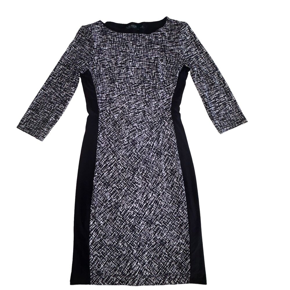 Lauren Ralph Lauren Black White Print Dress Size 6 Ruched Waist Stretch Knit
